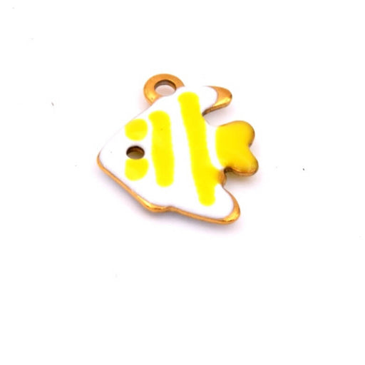 Kaufen Sie Perlen in der Schweiz Kleiner Fisch Anhänger mit gelb gestreifter weißer Emaille - Goldener Stahl -12mm - Loch: 1mm (1)