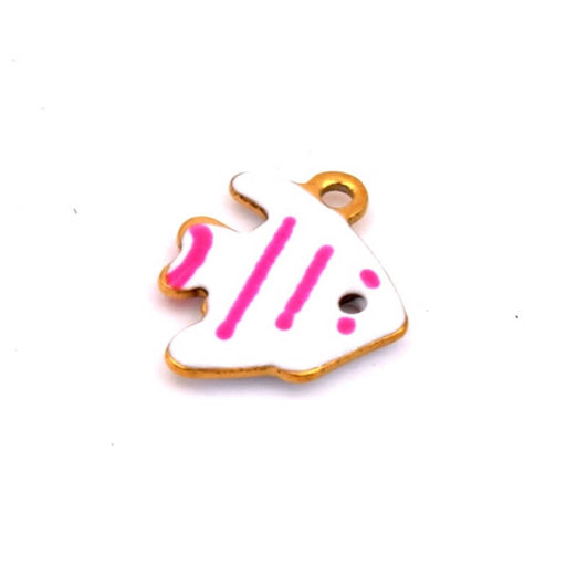 Kaufen Sie Perlen in der Schweiz Kleiner Fisch Anhänger mit rosa gestreifter weißer Emaille - Goldener Stahl -12mm - Loch: 1mm (1)