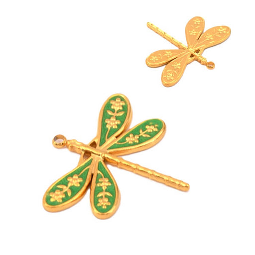 Kaufen Sie Perlen in der Schweiz Libellenanhänger mit grüner Emaille - Goldener Edelstahl 27x24mm (1)
