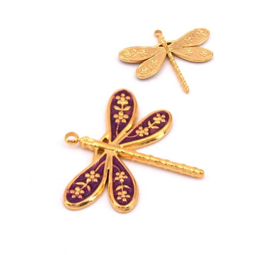 Kaufen Sie Perlen in der Schweiz Libellenanhänger mit lilafarbener Emaille - Goldener Edelstahl 27x24mm (1)