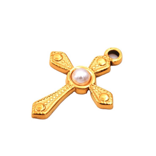 Kreuzanhänger mit Perlen-Cabochon – goldener Edelstahl – 19.5 mm (1)