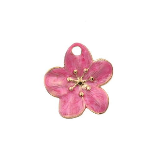 Pendentif fleur acier inoxydable doré et émail rose 24mm (1)