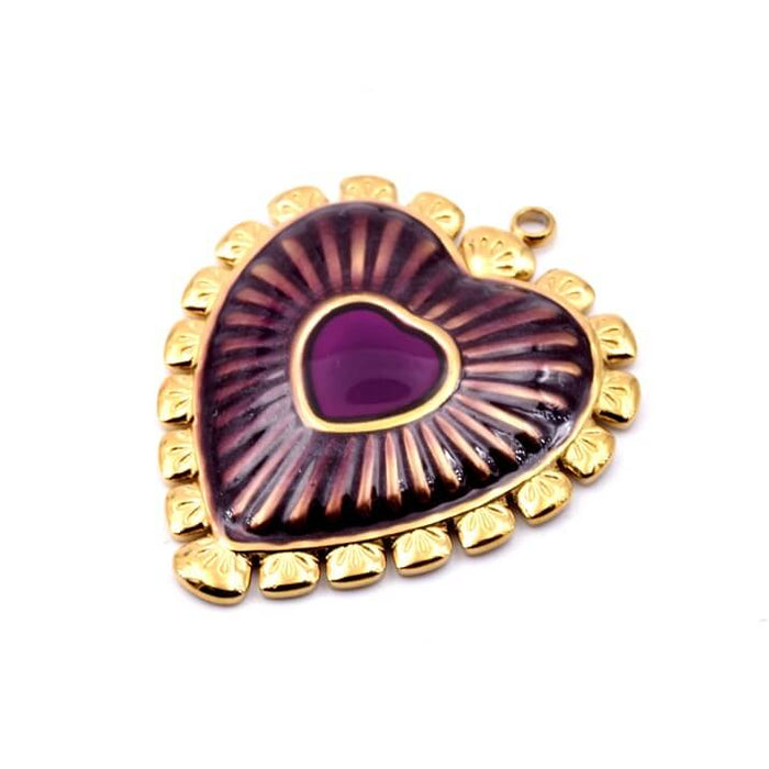 Pendentif coeur en acier doré et émail violet 22x20mm (1)