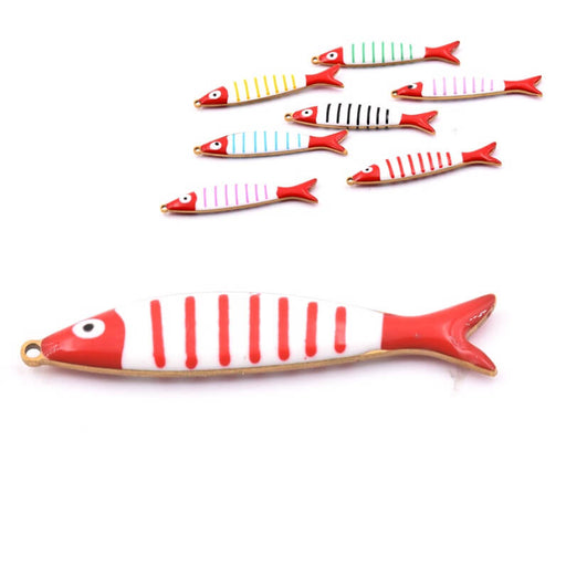 Pendentif poisson en acier doré avec rayures en émail rouge 40x8 mm (1)