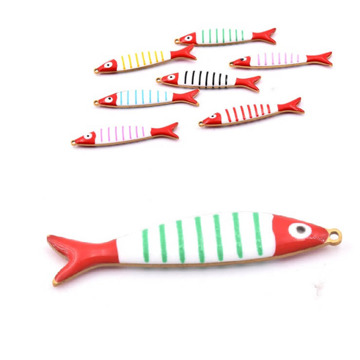 Pendentif poisson en acier doré avec rayures en émail vert 40x8 mm (1)