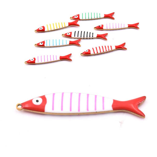Anhänger Fisch – goldfarbener Stahl mit rosa Streifen-Emaille – 40 x 8 mm (1)