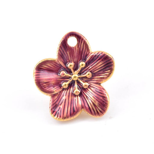 Pendentif fleur acier inoxydable doré et émail violet 24mm (1)