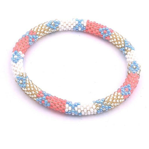 Bracelet jonc crocheté Népalais rose et bleu ciel 65mm (1)