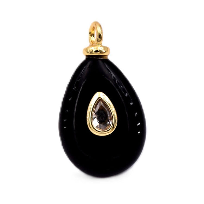 Tropfenförmiger Anhänger schwarzem Onyx vergoldetem Messing und Zirkon 18 x 13 mm (1)