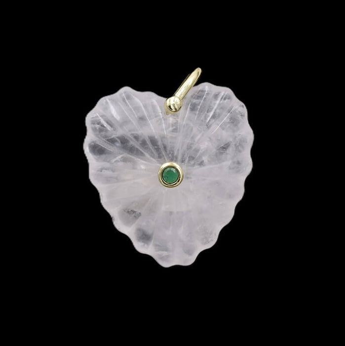 Pendentif coeur sculpté cristal de quartz laiton doré et zircon 35x30mm (1)