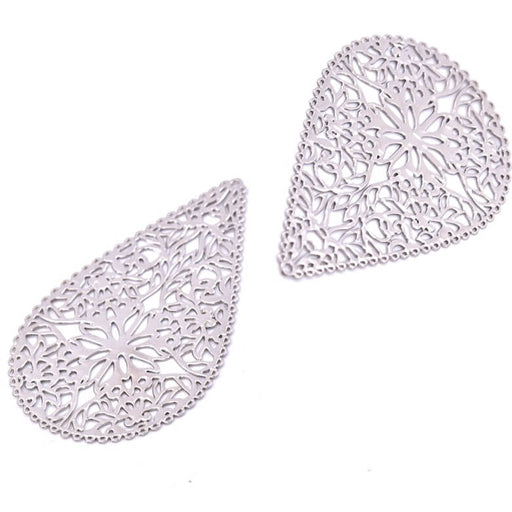 Pendentif goutte laiton platine motif fleurs très fin et plat 40x26 mm