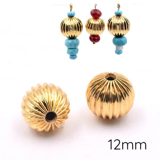 Perles rondes rainurée en laiton doré 12mm - Trou: 1.9mm (2)