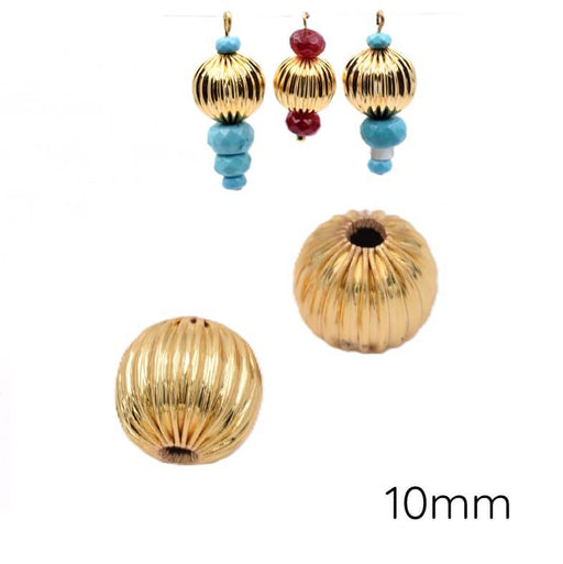 Perles rondes rainurée en laiton doré 10mm - Trou: 2mm (2)