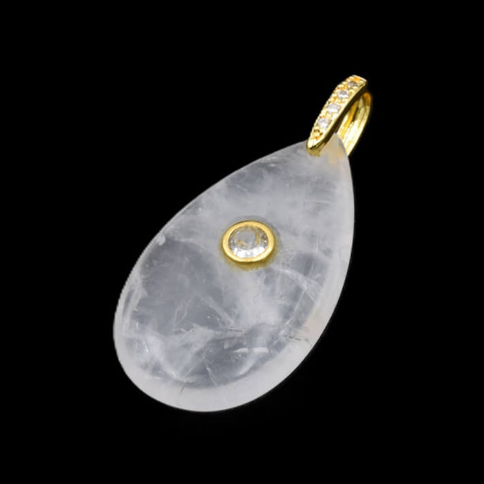 Pendentif goutte cristal de quartz zircon et bélière en laiton doré 35x20x9mm (1)