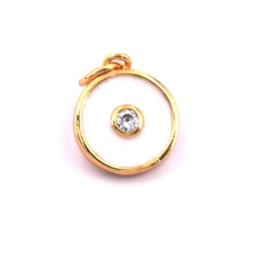 Kaufen Sie Perlen in der Schweiz Runder Anhänger, weiße Emaille und Zirkon, Messing, Goldqualität, 11 x 13,2 mm (1)