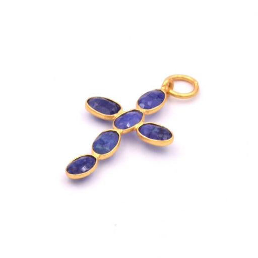 Pendentif croix 6 Lapis lazuli sertis argent 925 doré 24x16mm (1)