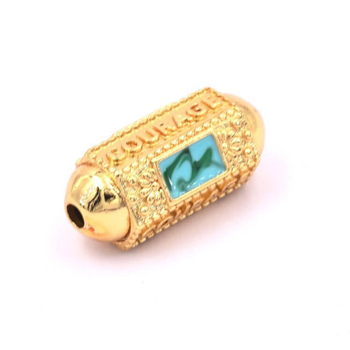 Kaufen Sie Perlen in der Schweiz Ethnische sechseckige Zylinderperle, goldene Qualität und grüne Emaille, 19 x 9 mm – (1)