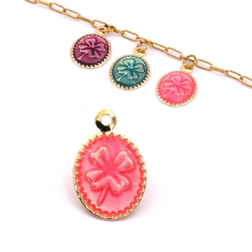 Kaufen Sie Perlen in der Schweiz Ovaler Kleeblatt-Anhänger aus vergoldetem Messing mit rosa Emaille 12 x 10 mm – Loch: 1 mm (1)