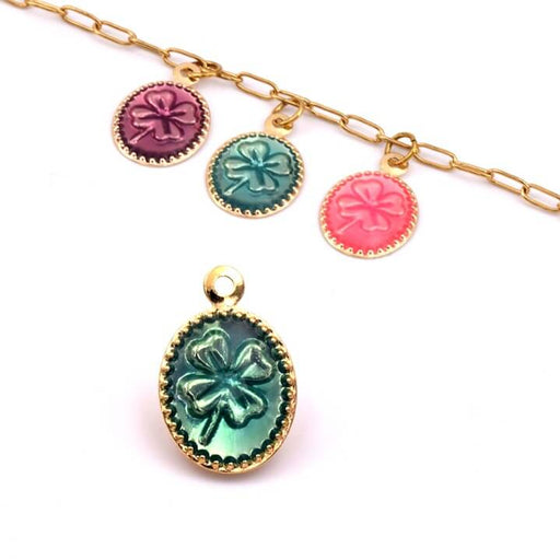 Achat Pendentif ovale trèfle laiton doré émail bleu vert 12x10mm (1)