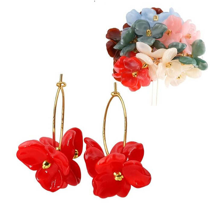 Boucle d'oreille pétale acrilique écarlate rouge sur créoles acier doré 25mm (1 paire)