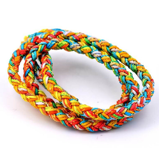 Cordon tressé en polyester bleu jaune vert rose et doré 4mm (50cm)