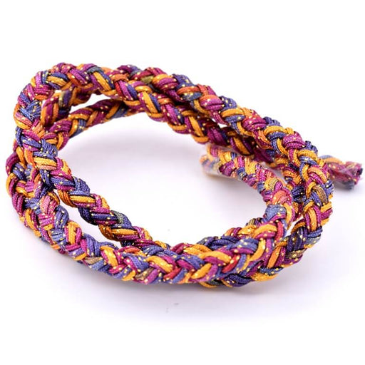 Cordon tressé en polyester violet bleu jaune et doré 4mm (50cm)
