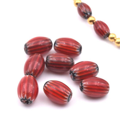 Millefiori perle tube baril rouge 8.5-9x6-6.5mm - trou: 0.8mm (10)