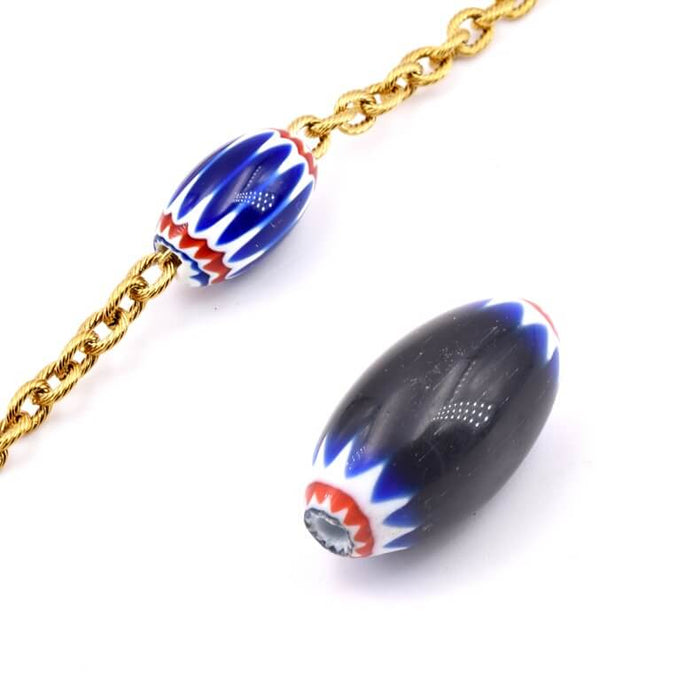 Millefiori perle tube baril chevrons verre bleu blanc rouge 19-25x10-16mm - trou: 1.5mm (1)