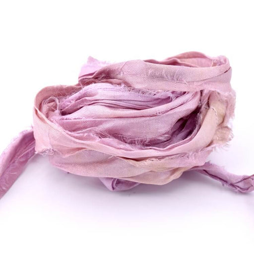 Ruban de soie sari recyclé effiloché froissé mauve 30mm (1m)