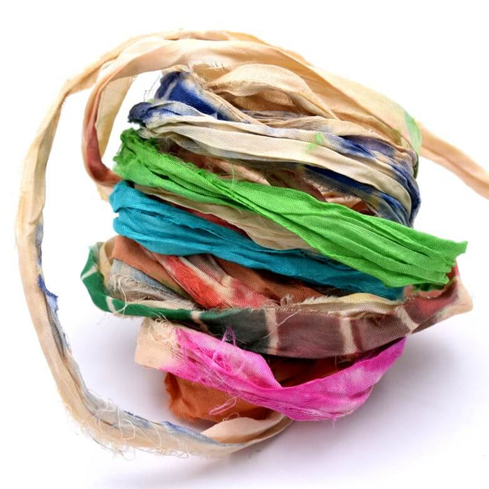 Ruban de soie sari recyclé effiloché froissé multicolore 30mm (1m)