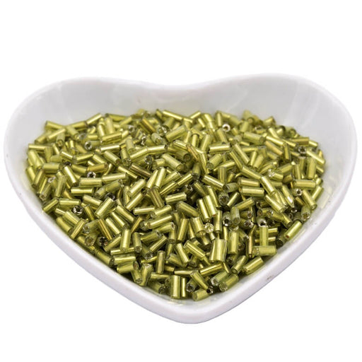 Perles tube buggle en verre péridot silver lined 4-8x2mm (10g)