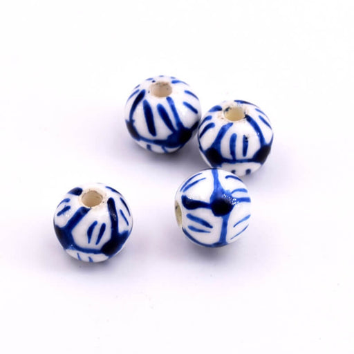 Perle ronde en porcelaine blanche et bleu 10mm - Trou : 2mm (4)