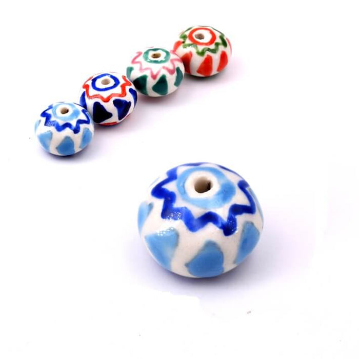 Perle rondelle en porcelaine blanche bleu ciel et marine 11x15mm (1)