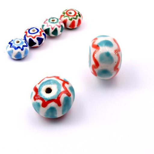Perle rondelle en porcelaine blanche turquoise et rouge 11x15mm (1)