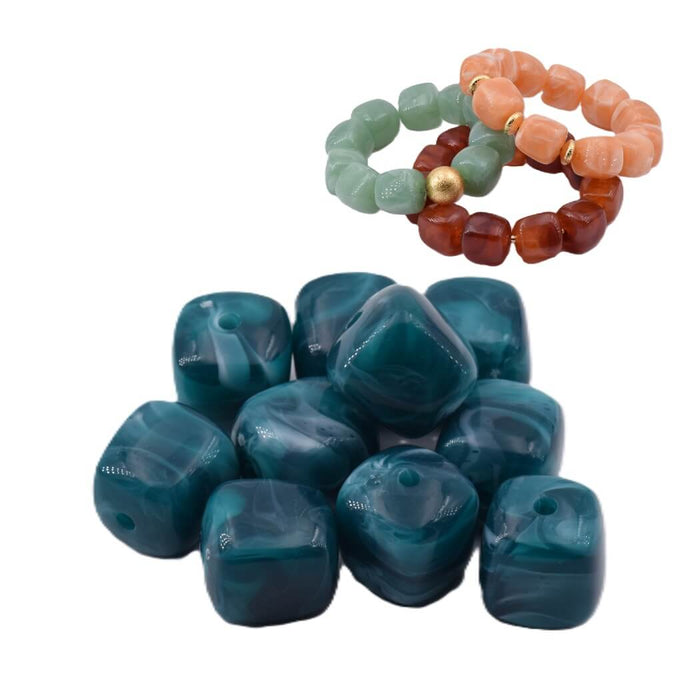 Perle cube arrondi en résine bleu canard marbré 17x16mm - Trou: 2mm (12)