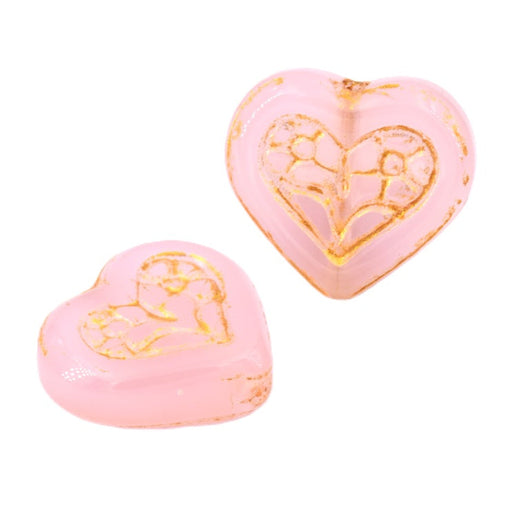 Perles coeur en verre rose gravure doré 16x18mm - Trou: 1mm (2)