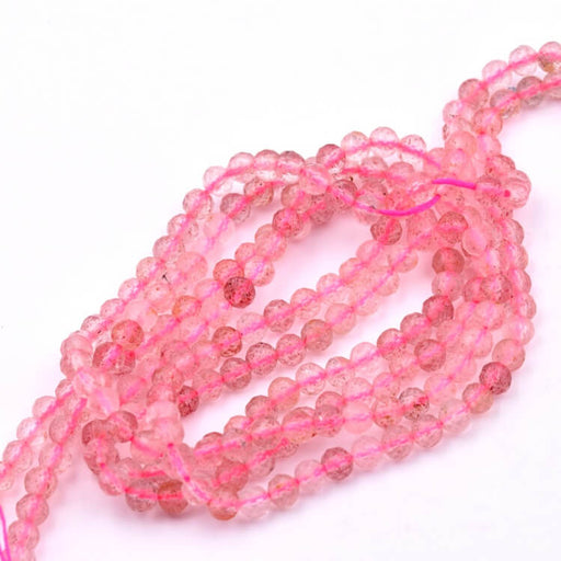 Perles rondes à facettes en quartz fraise 4 mm (1 fil : 40 cm)