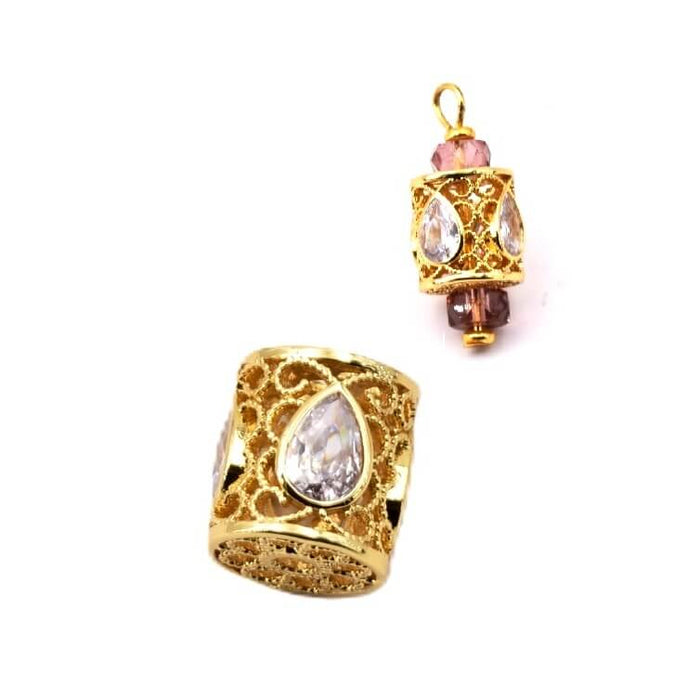 Perle tube en laiton doré et goutte zircon 11x10mm - Trou: 2mm (1)