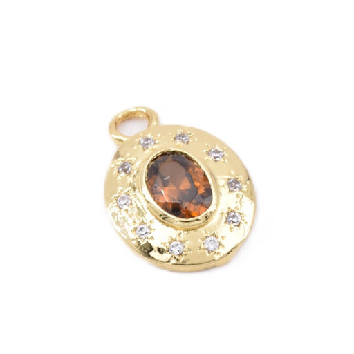 Pendentif oval laiton doré et zircon marron topaz - 18x12mm - Trou: 2.5mm (1)