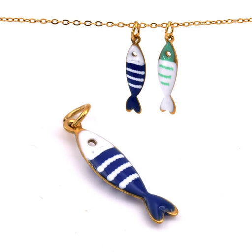 Pendentif poisson émail marine et blanc en acier doré 19x5mm (1)