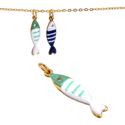 Pendentif poisson émail turquoise et blanc en acier doré 19x5mm (1)