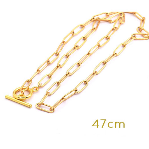 Collier Chaine Trombone Strié Acier doré OR 47cm - 12x4x1mm avec Fermoir T (1)