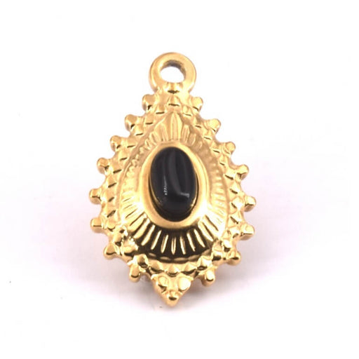 Achat Pendentif Goutte Perlé Acier Doré et Cabochon Pierre Noire 19x14mm (1)