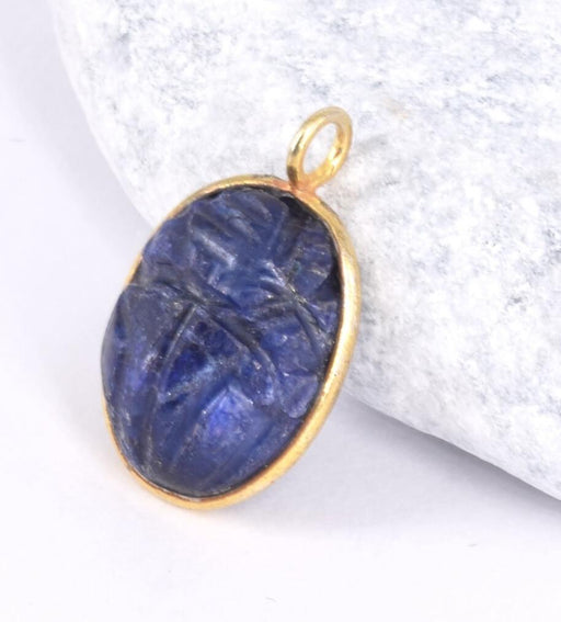 Pendentif Ovale Sculpté Scarabée ethnique Pierre De Lune Sertis Argent 925 plaqué or 17x13mm (1)