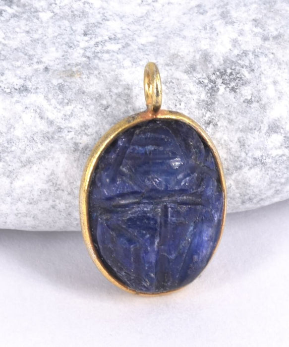 Pendentif Ovale Sculpté Scarabée ethnique Lapis Lazuli Sertis Argent 925 doré or fin 15x12mm (1)