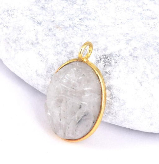 Pendentif Ovale Sculpté Scarabée ethnique Pierre De Lune Sertis Argent 925 plaqué or 17x13mm (1)
