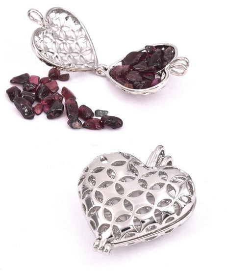 Pendentif Médaillon Coeur Qui s'ouvre En Laiton Plaqué Platine 2,5x2cm (1)