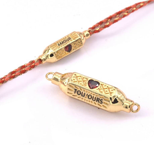 Connecteur Cylindre Hexagonal Doré Or Fin 18K, 32x9mm Zircon coeur Rouge (1)