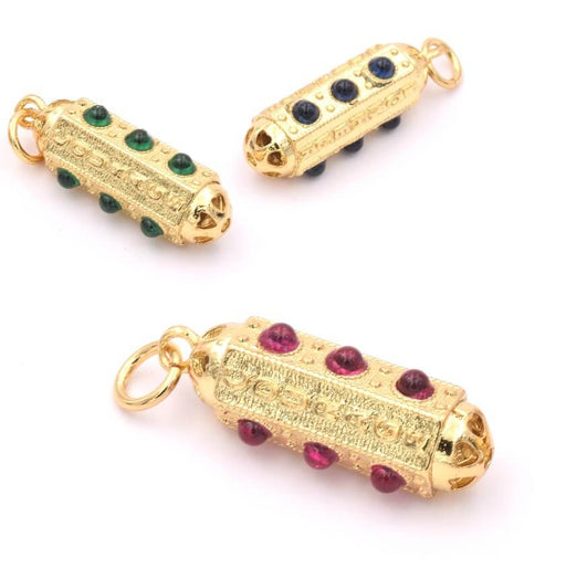 Kaufen Sie Perlen in der Schweiz Sechseckiger Zylinder Anhänger 18K vergoldet, 19x7mm, rote Zirkone (1)