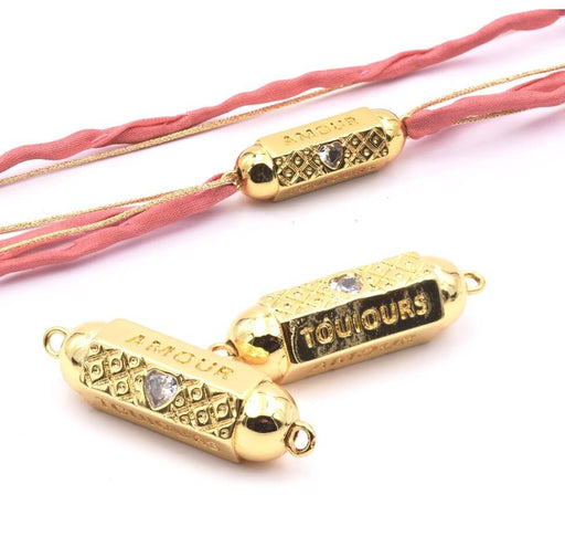 Connecteur Cylindre Hexagonal Doré Or Fin 18K, 34x10mm Zircon Coeur (1)